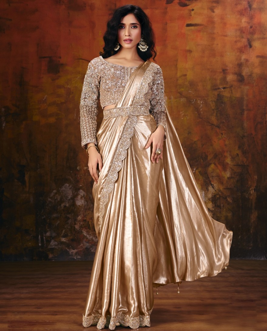 27112 - Mettalic Cream Embroidered Wedding Party Designer Saree